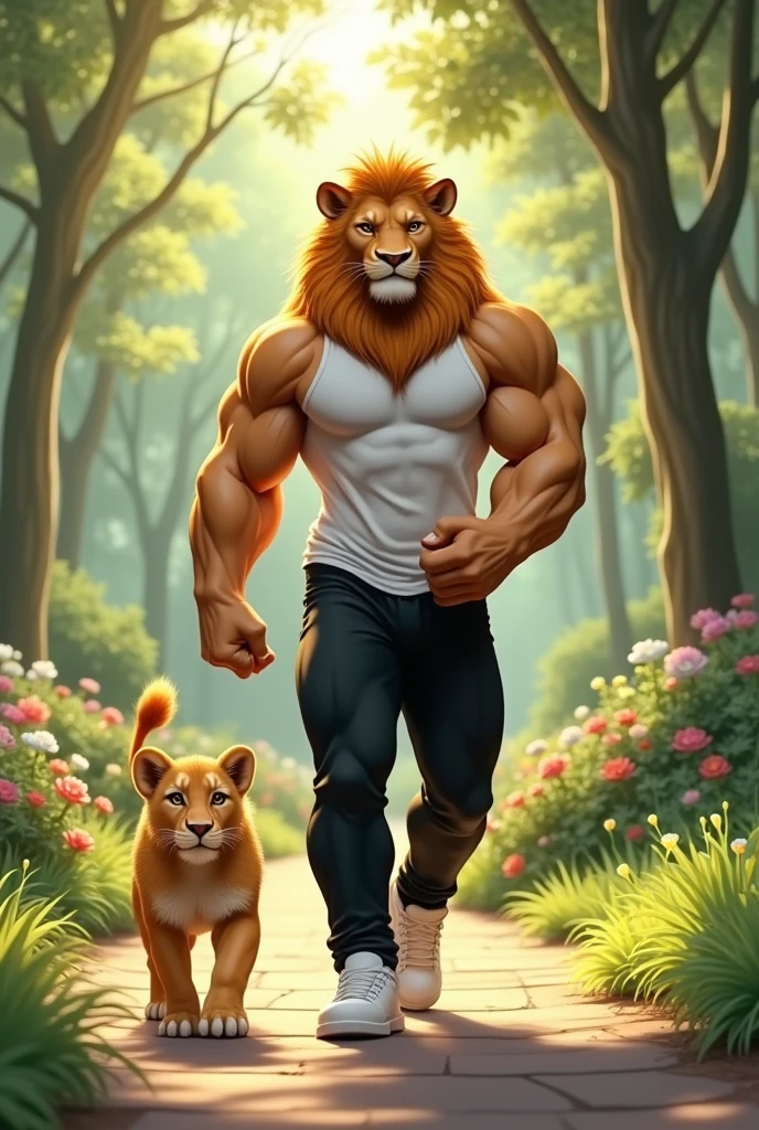 A humanoid body builder lion
with his litte lion walking in the park, wearing white shirts, black pants, and white rubber shoes, 8K