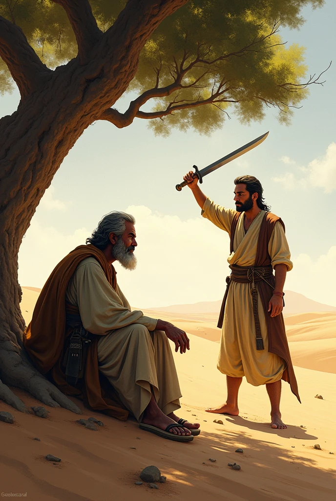 A man sitting under a tree in the desert Another man standing with a sword in his hand His sword fell in fear
