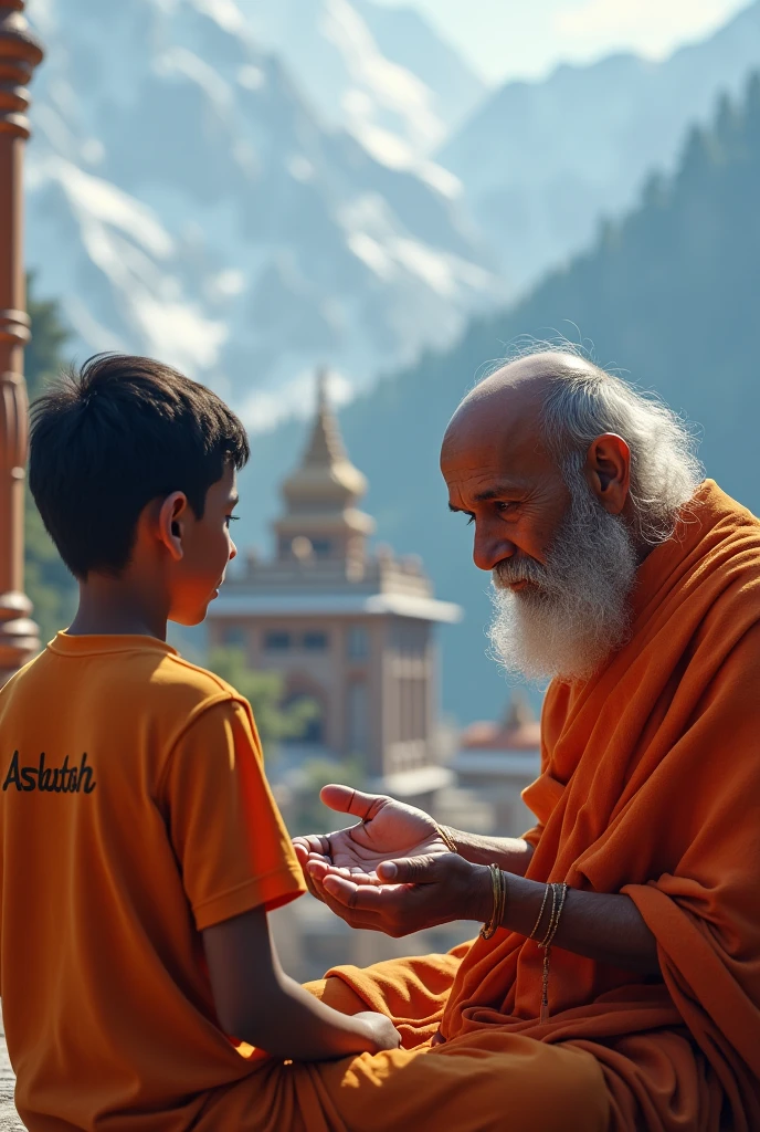 (photorealism:1.2), create a realistic high quality image of a 20-year-old boy sits opposite a wise pandit. Pandit ji holds hand of boy & examines the lines on the boy's palm, boy wearing a saffron Tshirt on which Name "Ashutosh" is written, as if deciphering the secrets of fate itself. Behind them, the beautiful view of Kedarnath Temple like real, Himalayan landscape, evoking a sense of awe and reverence. kedarnath temple looks like real, image with 4k resolution quality.kedarnath temple