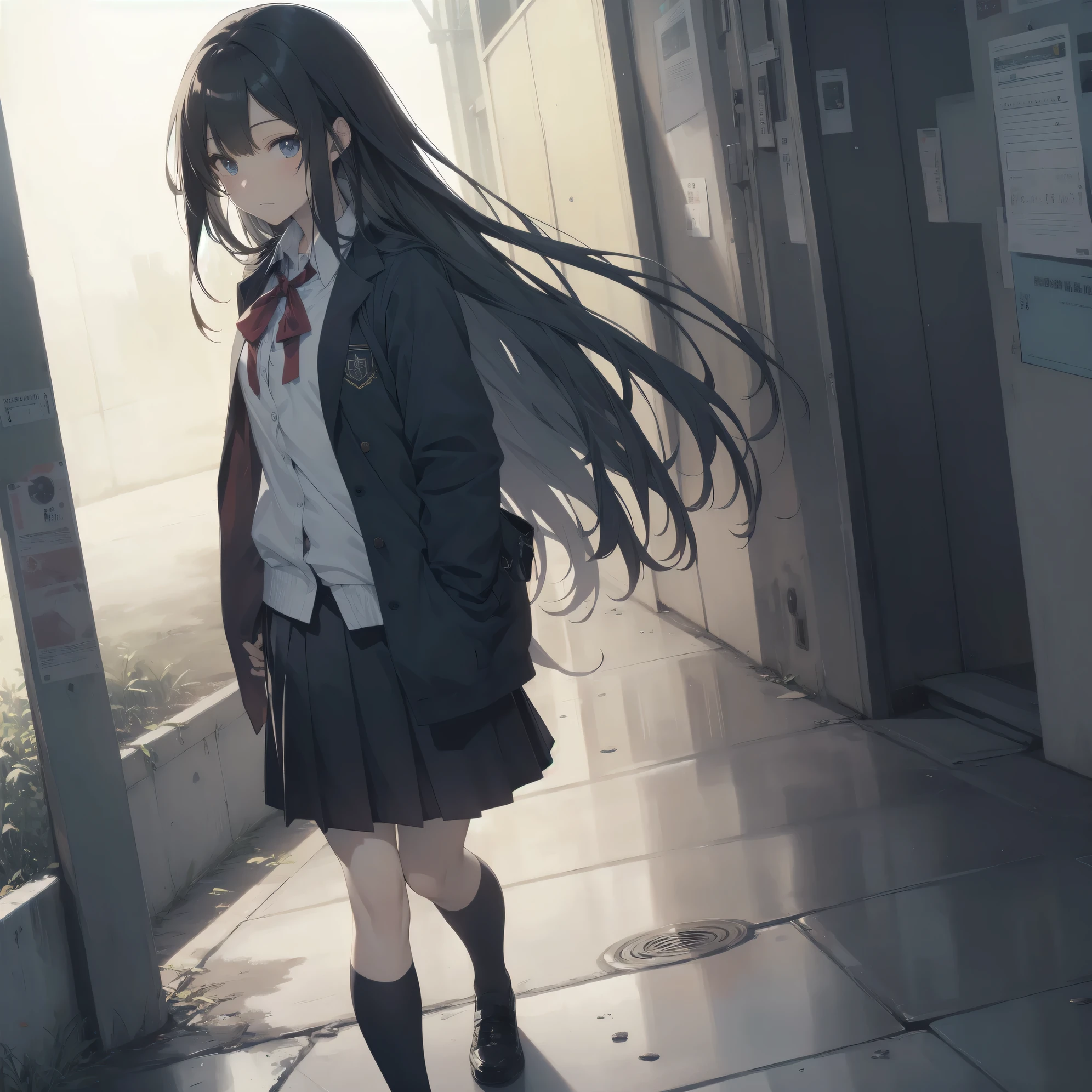 ultra-absurdres-Top quality by artist God, ultra-detailed, high resolution, anime moe artstyle, best anime 8k konachan wallpaper, pixiv contest winner, pool:2810, perfect anatomy,break, 1girl, (Please draw a girl walking sleepily to school alone. )break,(Solo,little female,:1.3),Full limbs, complete fingers,a junior high school student, (very short hair), short cut, flat chest, , small buttall black eyes, beautiful detailed eyes, well-proportioned iris and pupils, expressive eyes, highres detailed hair, soft expression, salor school_uniform, sailor collar, serahuku, bow, pleated skirt,(Detailed Lighting), (Detailed background), in the School commute route. break,super detailed skin, Best cinematic lighting powered by famous artist, 8k,beauty illustration,photoshop_(medium),very aesthetic,break,((artist:mery_(yangmalgage) )), artist:clamp ,artist:carnelian ,artist:kantoku ,
