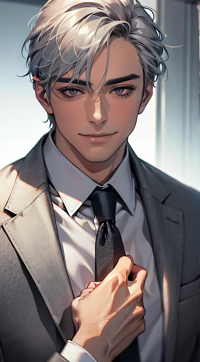 (Highest quality,4K,8K,High resolution,masterpiece:1.2),Super detailed,(Realistic,photoRealistic,photo-Realistic:1.37),1 personld,Mature Guy,Beautiful skin、very handsome,Expressionless smile in love,Short gray silver hair, black eyes,Sharp Eyes,A perfect face without a doubt,Businessman, CEO, Office Background,Cinema Lighting,HDR image,tie、