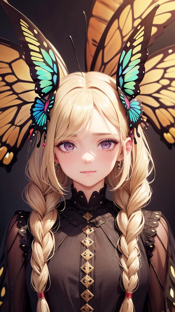 quad braids, butterfly hair ornament, eyeball, longeyelashes, covering ears, smile, shy, spit take, drooling, blonde hair, wide-eyed, Hyperrealism, Verism, Surrealism, UHD, anatomically correct, textured skin, high details, super detail, 8k, highres