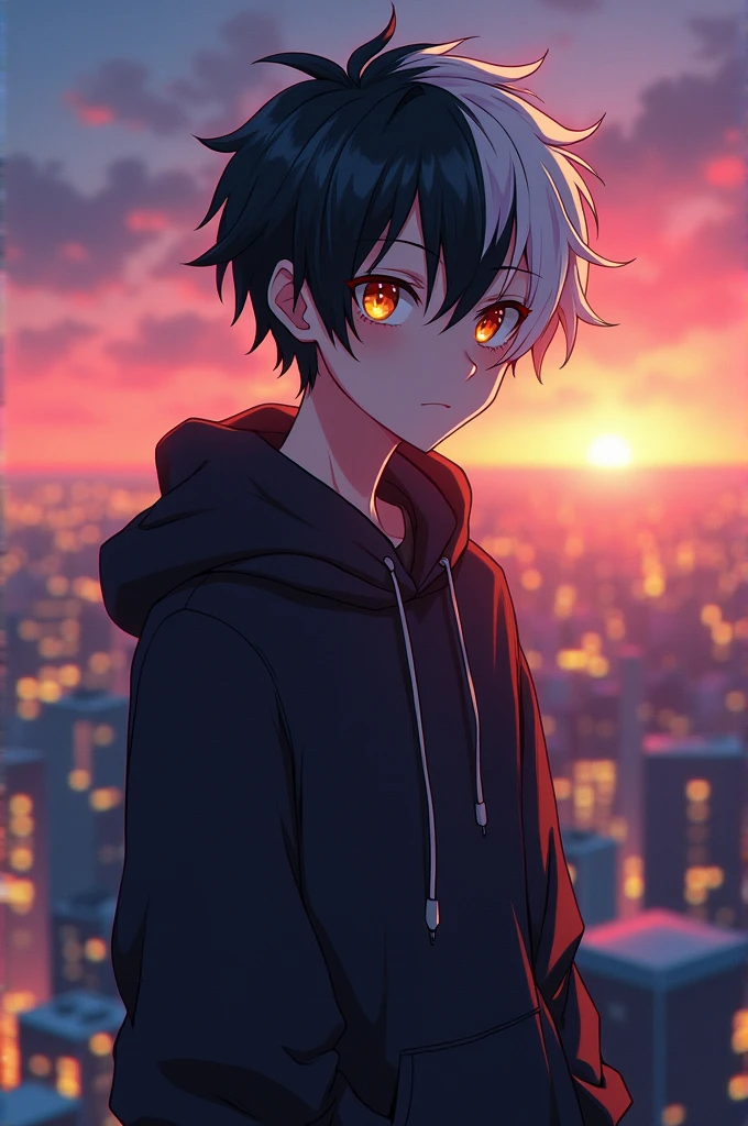 A aesthetic Cool anime adult boy with half black and white hair his left eye is yellow color and right eye is red color Wearing hoddie and standing on top of high building rooftop evening time