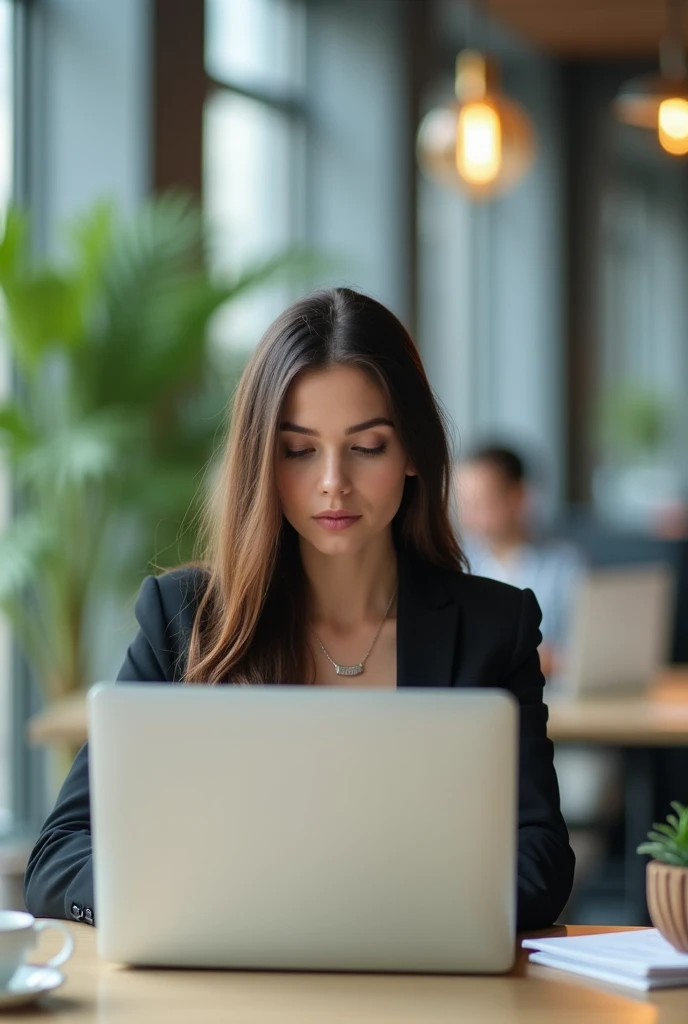 A beautiful girl working on laptop in office