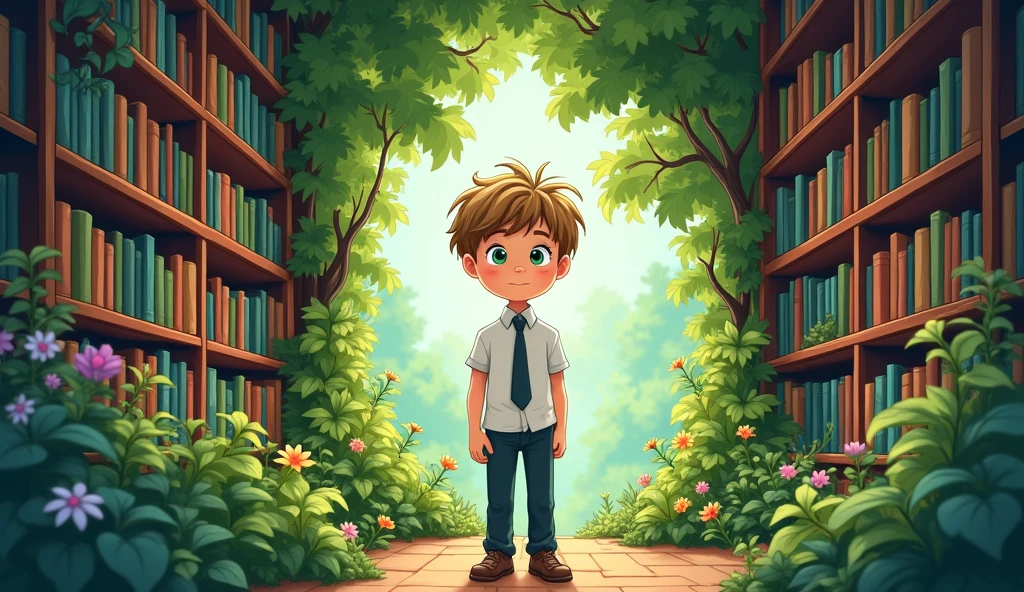 Cartoon,A teenager boy with bright, emerald green eyes and a mop of unruly, sandy brown hair, stands at The channel between the bookshelves he finds the entrance of a hidden garden. He is wearing a crisp, school uniform with a white shirt and a black tie.
stands at the entrance of a hidden garde in the library. Sunlight filters through the trees, casting dappled shadows on the lush green foliage and vibrant flowers.
