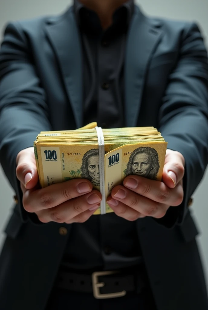Create an image of a person holding a lot of money in 100 reais notes without showing the face