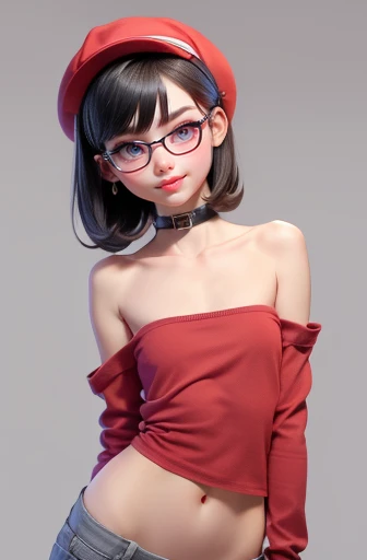1girl, cute japanese girl, big eyes, sensual face, seductive smile, solo, short hair, erotic underwear, red color bra, detailed flower motive on bra, devil horns headband, collar, collarbone, red sensual lips, off shoulder, perfect round breast, small breast, cleavage, underboobs, erotic, nsfw, glasses, blush, seductive smile, cute face, looking at viewer, sexy pose, blue background, dark red hair, simple background, sexy pose, blue eyes, lips, closed mouth, ribbon, hair ribbon, stellar earings, bangs, upper body, parted bangs, pink ribbon
