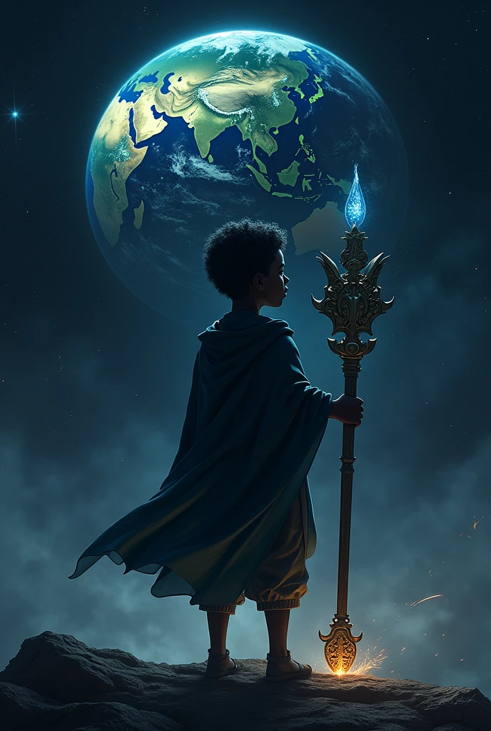 Dark skinned magical boy in space facing the earth with his back turned and a staff at his side