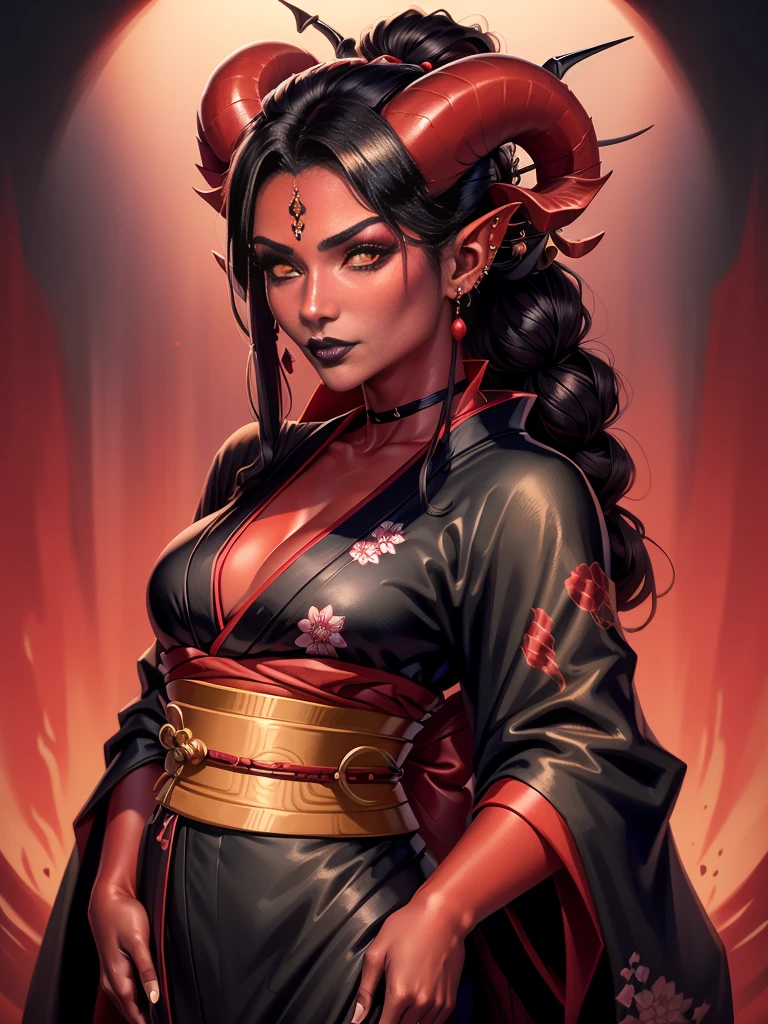 1girl, female, solo, tiefling, ((red skin, red colored skin, deep red skin)), Woman, jewelery, ear piercings, (straight black horns, black oni horns), black hair, long hair, yellow eyes, black lips, choker, goth, horn ornament, armour, ((master piece, best quality)), horns, pointed ears, make-up, black lipstick, (face detailed), face focus, portrait, fully body, (kimono:1.2), wearing black kimono, long flowing kimono, natural breasts, medium breasts, (red skin)