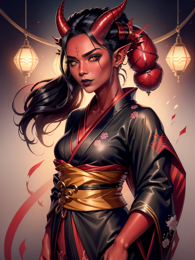 1girl, female, solo, tiefling, ((red skin, red colored skin, deep red skin)), Woman, jewelery, ear piercings, (straight black horns, black oni horns), black hair, long hair, yellow eyes, black lips, choker, goth, horn ornament, armour, ((master piece, best quality)), horns, pointed ears, make-up, black lipstick, (face detailed), face focus, portrait, fully body, (kimono:1.2), wearing black kimono, long flowing kimono, natural breasts, medium breasts, (red skin)