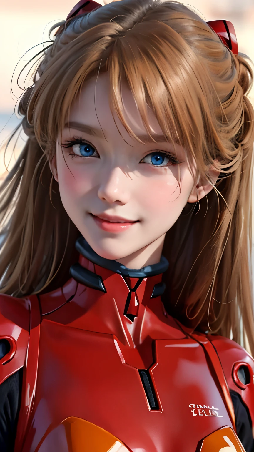 (masterpiece:1.4、Highest quality)、(Intricate details)、Unity8k Wallpapers、Super detailed、Beautiful and mysterious、Detailed Background、Real、solo、Perfectly detailed face、Detailed blue eyes、Very detailed、blush、hair ornaments、Mahogany Hair Chignon、(Blonde Hair)、Plug Suit 02、Shikinami Asuka Langley、Evangelion、Slender、Full Body Suit、Ultra Close-Up、smile。