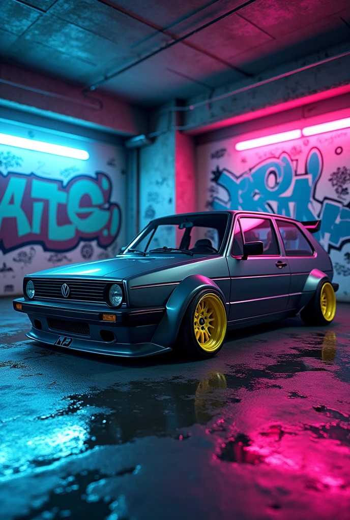 can u crate a grey golf 4 with bodykit in a garage with neon blue and pink and the garage is all wet with graffiti design and yellow wheels
