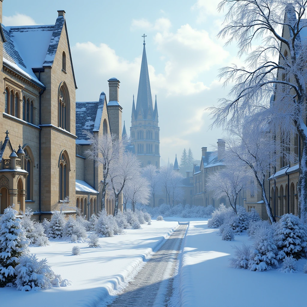 Snow Scenery, Oxford in the snow has a unique flavor, with frozen branches becoming natural works of art, crystal clear ice sculptures decorating ancient buildings, highlighting the city's retro academic atmosphere, (best quality, masterpiece, photorealistic), very aesthetic, perfect composition, intricate details, ultra-detailed, vivid colors