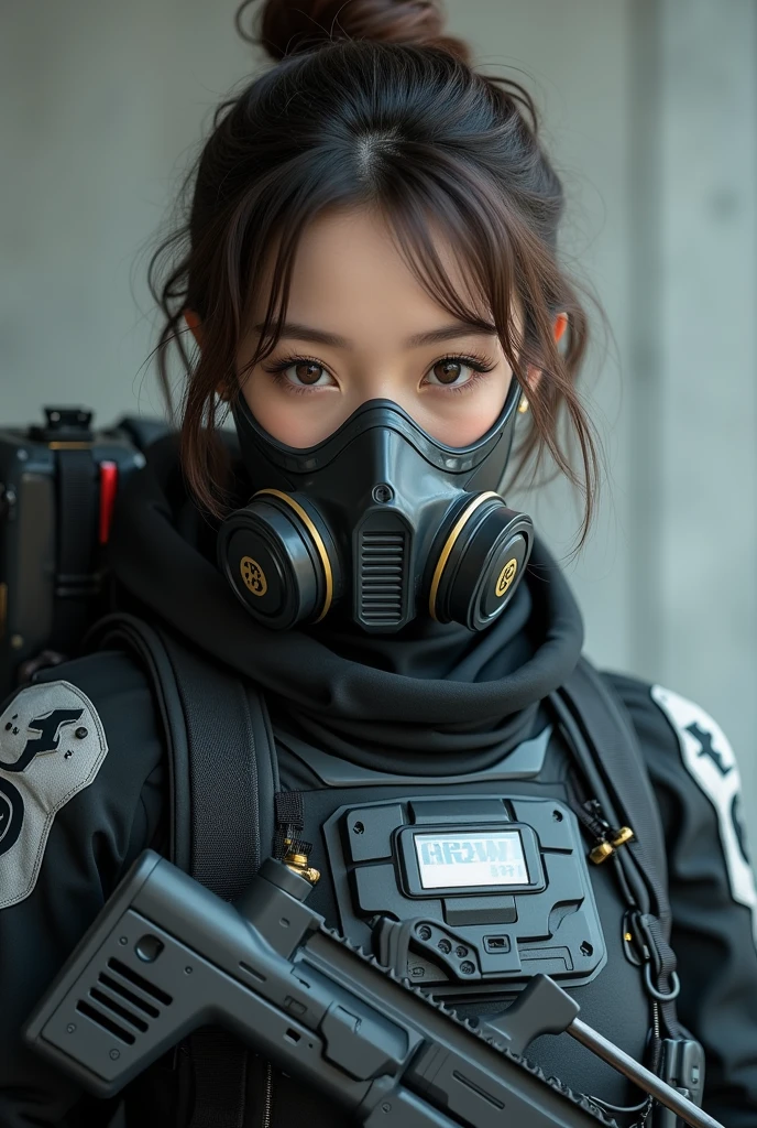 Highest image quality, outstanding details, ultra-high resolution, (realism: 1.4), ((close up:0.75)), highly condensed 1 lady, with beautiful and a delicate face, perfect proportion, aiming the viewer, ((aiming the viewer)), (chubby:0.3, small breasts), (cloths color base ratio black:0.4 white:0.5 other-color:0.1), (wearing rash-guard likes police uniform, black and gray mecha, wearing high-tech heavy gasmask, military harness, holding a machinegun, carrying hich-tech-flamethrower -tank on back), captain, background simple gray wall,
