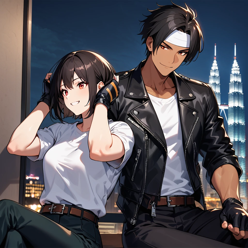 Orochiquillo, dark skin, couple, two people, man and woman, red eyes, ((black leather jacket with rolled up arms)), fingerless gloves, black hair, white T-shirt, ((white headband)), black pants, white shoes, brown belt, handsome, shot, charming, masterpiece, high resolution, detailed face, fine grain, night, cloudy sky, confident smiling, with lover, Petronas Twin Towers, Malaysia, dining on terrace, same clothes and hairstyle for both sexes, hands on head, toothy smile, sitting cross-legged