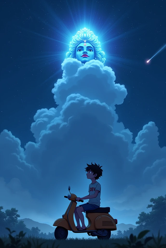 A boy is sitting in a scooty in a open place and he is seeing in the sky. Mention the boy name is DEV which is written in his tshirt and make the atmosphere night and scenary , failing star. Bhagwan shree krishna face is looking him form the sky into the cloud and there is a aura of bhagwan shree krishna . They are seeing each other and make the image behind of the boy. The boy wearing a full pant and make the boy look like anime