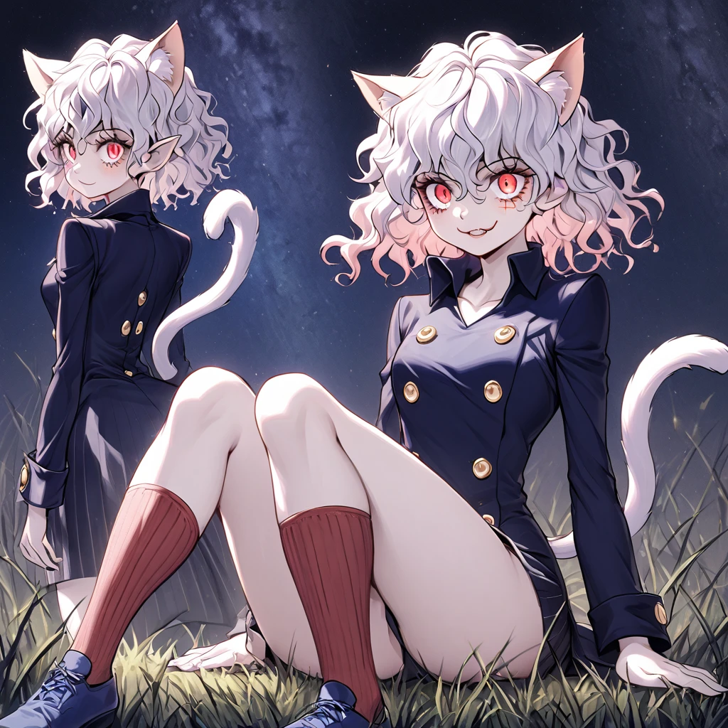 1girl, neferpitou, short hair, red eyes, animal ears, tail, white hair, cat ears, cat tail, curly hair, long sleeves, shorts, model's expressiion, silver hair, short and curly hair, cat ears, red eyes, large pupils, double eyelids, slender eyebrows, long eyelashes, small nose, small mouth, sharp jawline, blue military-style coat, six gold buttons, short red striped skirt, high collar, long sleeves, slender wrists, flexible fingers, white skin, cat-like claws, red striped knee-high socks, blue shoes, sturdy soles, slender ankles, small feet, long legs, muscular thighs, thin waist, wide shoulders, cat-like gaze, long neck, straight shoulder line, straight back, muscular arms, long fingers, firm upper arms, soft hands, small palms, cat-like smile, serious furrowed brows, pointed ears, pink inside of ears, thin eyelids, upward curled eyelashes, vertical slit pupils, cat whisker-like cheek markings, many lower eyelashes, small nostrils, thin lips, pointed chin, protruding collarbones, straight posture, high hips, muscular thighs, pointed knees, well-fitted socks, neatly tied shoelaces, soft cat ears, rounded ear tips, soft fluffy hair, thin eyebrows, light pink lips, white teeth, well-shaped lips, smooth skin, sensitive ears, reflective pupils, heavy eyelids, slightly curved cat ears, well-fitted coat, wide skirt hem, shining buttons, slightly old shoes, hair waving in wind, sparkling pupils, moving cat ears, nighttime forest background, moonlight, starry night sky, G-cup chest, cocky cat-like expression, thick glossy thighs and hips, detailed texture of hair and clothing, light and shadow contrast, background details including swaying grass and old building, specific lighting conditions with moonlight casting shadows, detailed coloration of outfit with deep blue and red stripes, intricate design of buttons, and emotional depth in expressions showing defiance, joy, and determination.