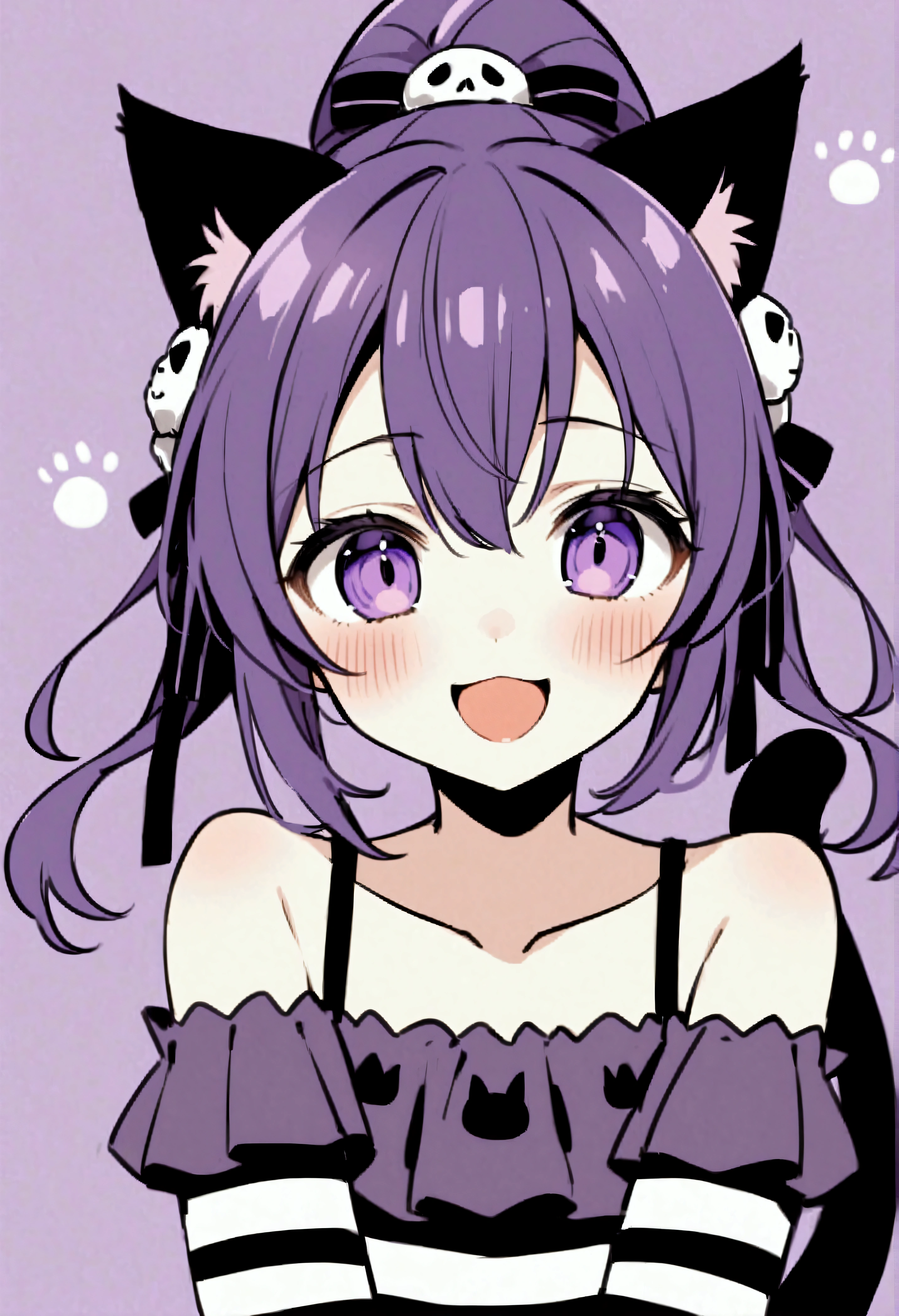 (Score 9:0.9)、Score 8 up、Score 7 up、Rating Safe、Real、(zPDXL3)、、Hair Ribbon、blush、Cat girl、Tail ribbon、clavicle、tooth、Grey shorts、toothを出す、Striped sleeves、ベルColor、Black off-the-shoulder shirt、Spaghetti Straps、Totless、1 person、Color、solo、Close ~ eyes、Open your mouth、smile、Purple Background、:d、blush、Portrait、Cat girl、^ ^、ベルColor、Purple Theme、High Ponytail、Hair Ribbon、Right skull hair accessory
