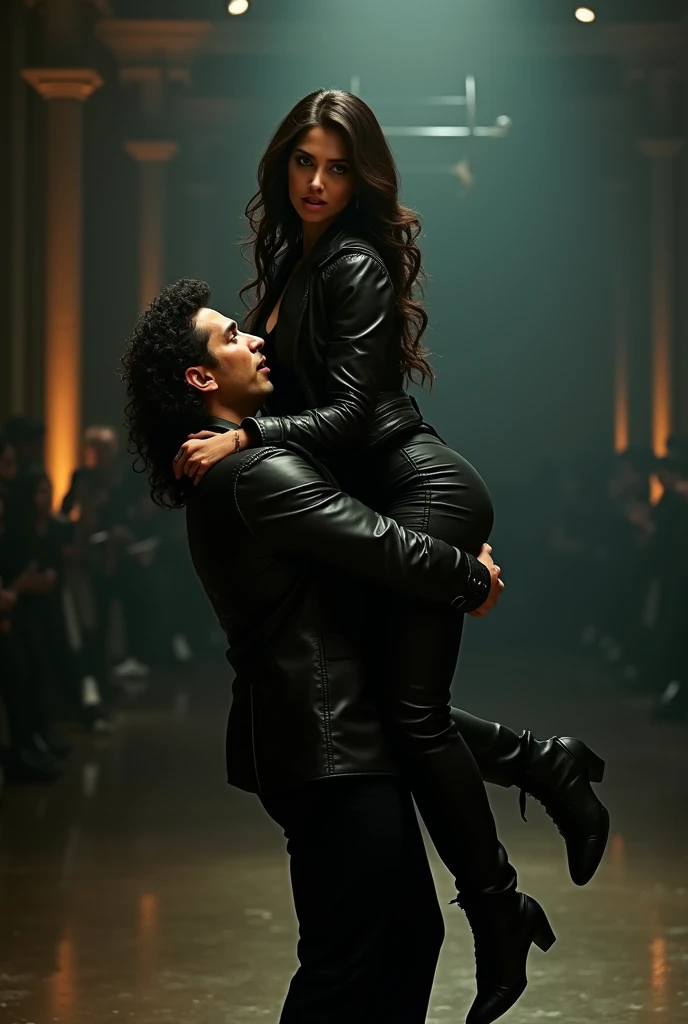 Nora fatehi in black leather jacket lifting a man in her arms 
