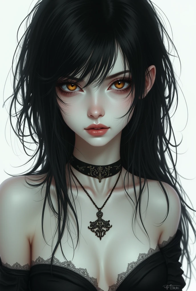 beautiful and pale woman with long, messy, black hair, brown eyes, a few tattoos and a necklace with "DEATH" ((in letters))) written on it, dark style, seducing look on her face, white background