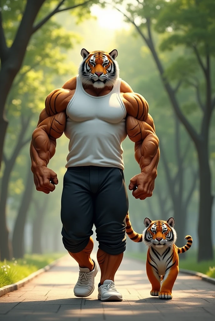 A humanoid body builder tiger
 with his son walking in the park, wearing white shirts, black pants, and white rubber shoes, 8K