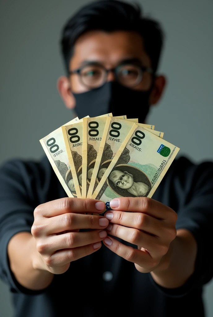 Create an image of a person holding a lot of money in 100 reais notes without showing the face 