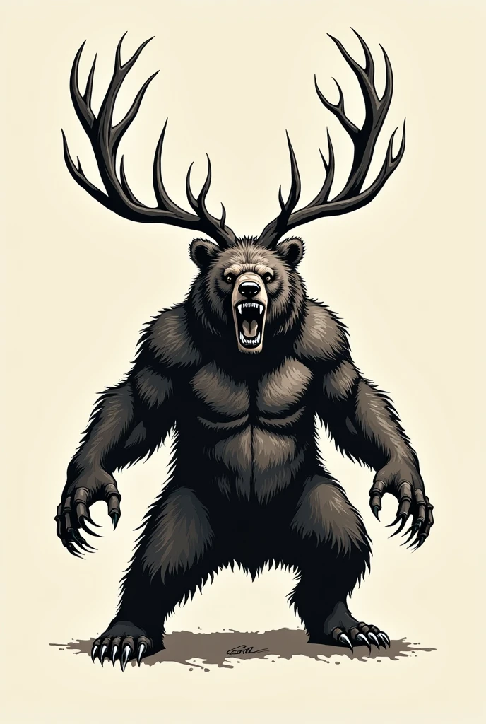 Make the art for a tattoo: a natural bear with deer antlers, standing showing teeth and claws.