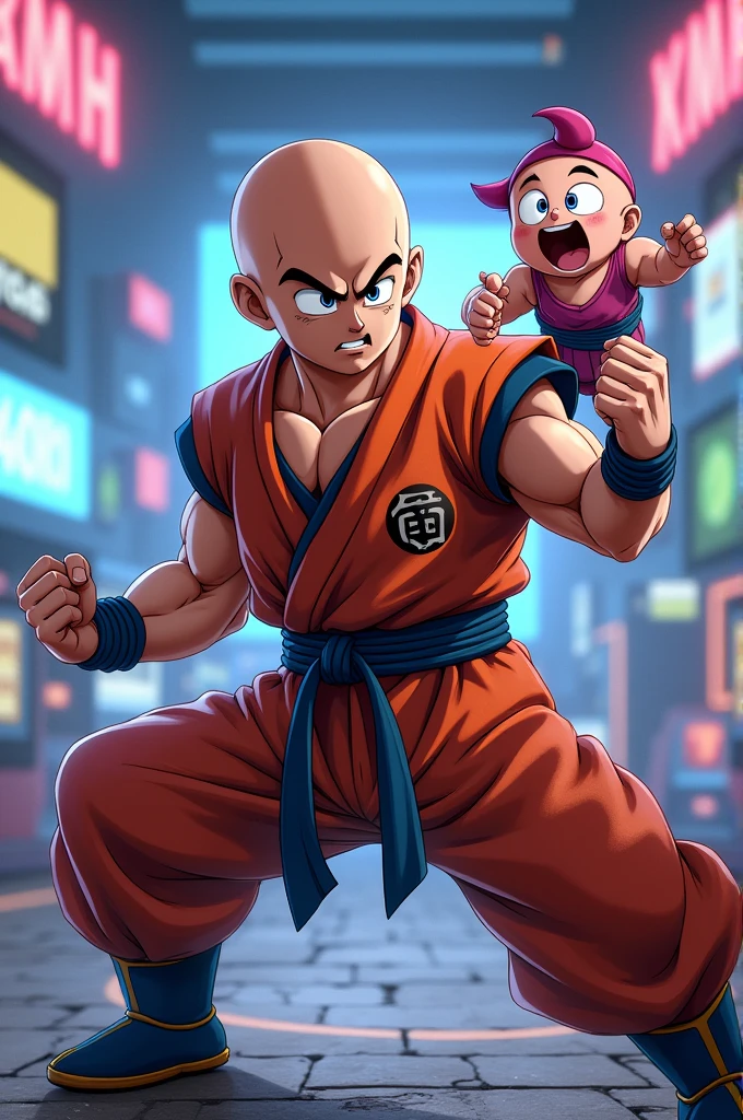 Krillin from Dragon Ball Z in his best pose with Master Happosai from Ranma 1/2 in their funniest pose, with a gamer environment