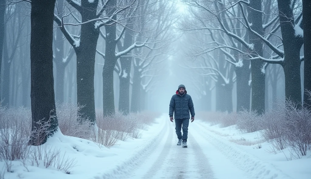 Rahul walks down a narrow snow-covered path, his breath visible in the cold air, surrounded by snow-laden trees.