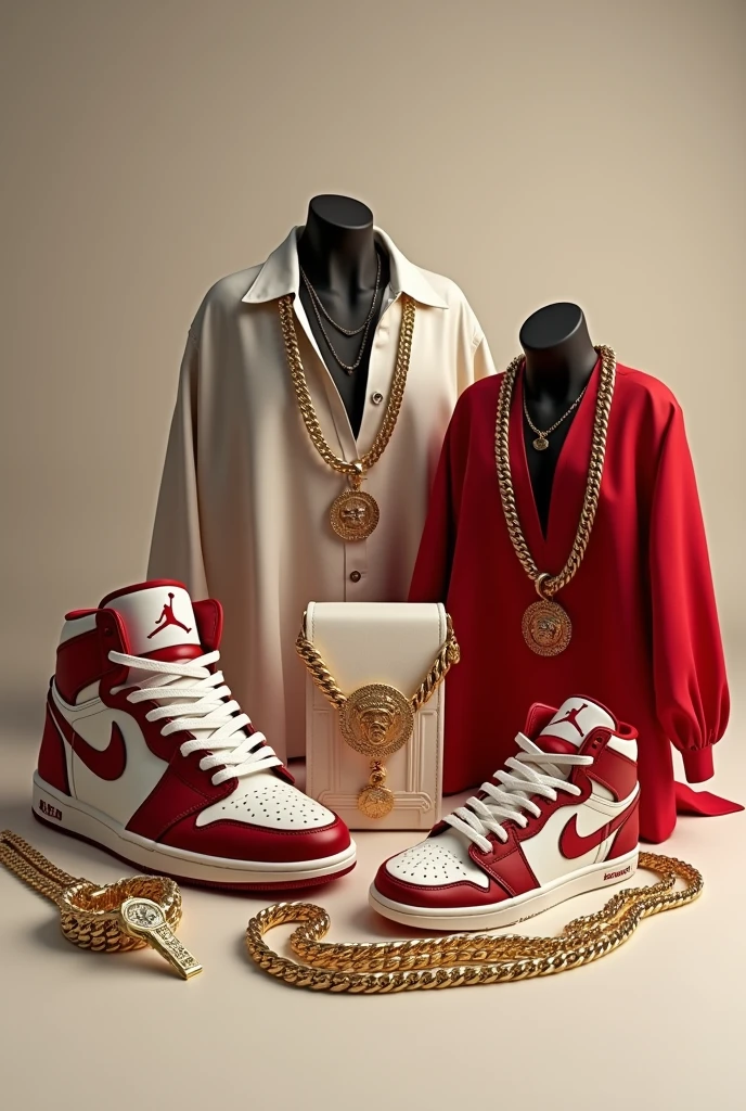Make a swag image with trap props and no human beings in it, recreate a photo with Jordan sneakers, gold chains, blouses from Gucci, expensive chain and a Versace watch in the picture