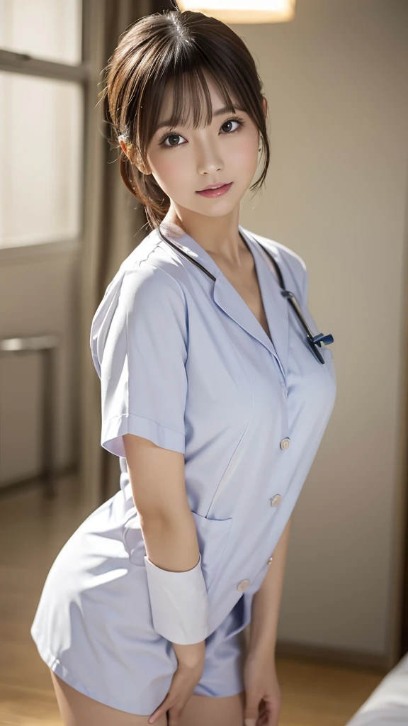 masterpiece, Highest quality, figure, Very detailed, In detail, High resolution, 8k wallpaper, Perfect dynamic composition, Beautiful attention to detail , slender, Hospital room, ((Japanese nurse uniform, Open chest)) , Medium-sized breasts with a high firmness, A clean and mature face, ((Mouth open, Shy expression, Blushing), Random sexy poses, (((Photo taken from a distance, from the front)))
