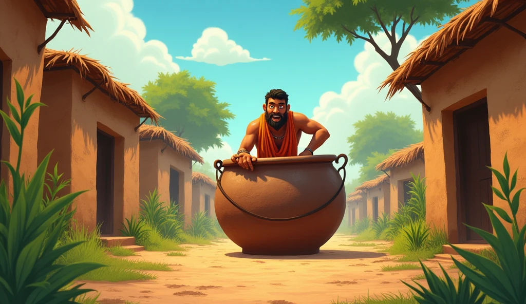 In cinematic 2d cartoon style log shot indian village The farmer, eyes wide with greed, trying to climb into the pot himself, hoping to double his entire self.