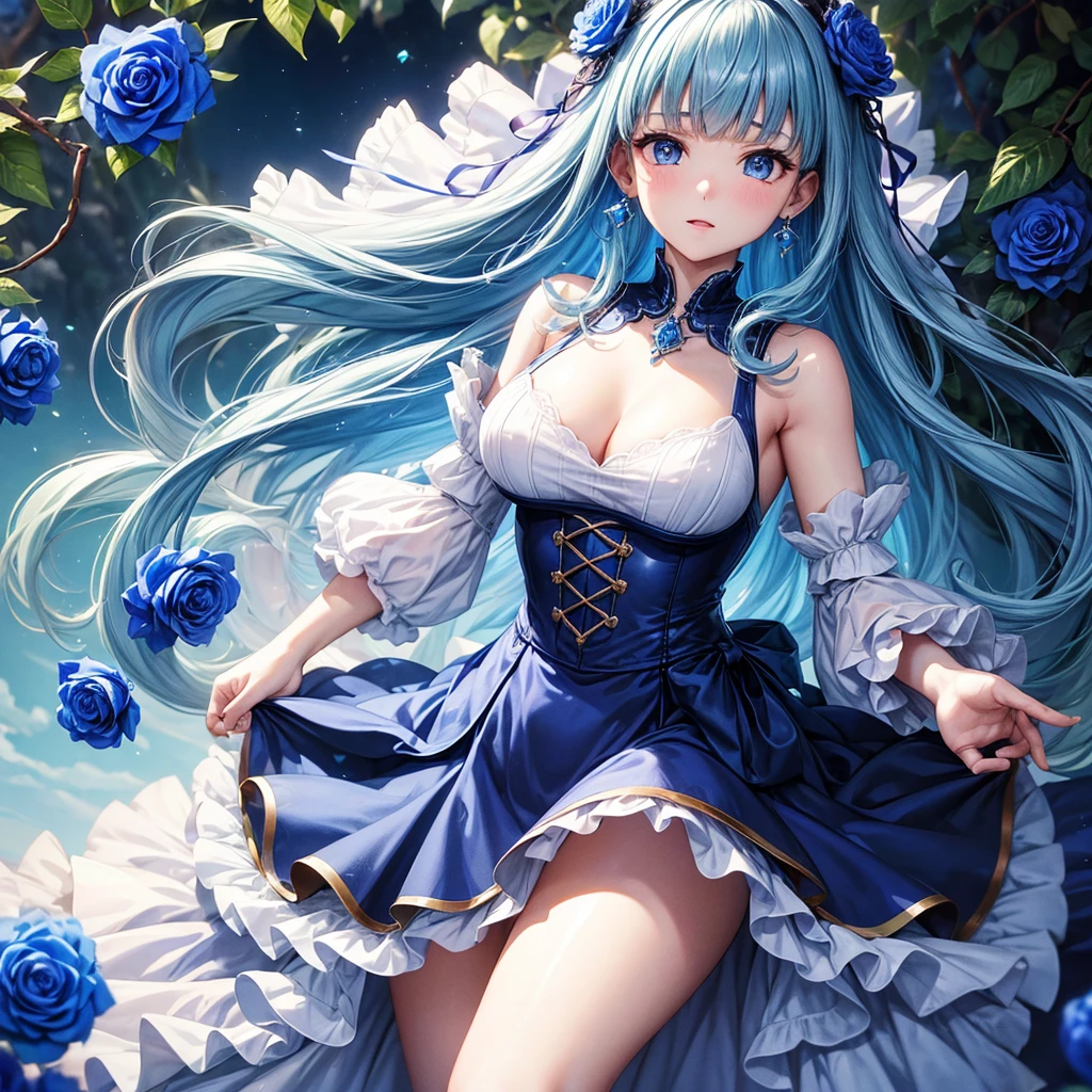 ((Highest quality)),(Ultra-high resolution),Blue dress with flared skirt,dress that does not expose the breasts、The dress is made of blue roses、Highly detailed CG Unity 8k wallpaper, , Earrings, Blue hair, Curly Hair, Blunt bangs, Straight bangs, Blue eyes, White skin, Gal, Improve、Her flat chest is hidden by her dress、Reduce exposure、