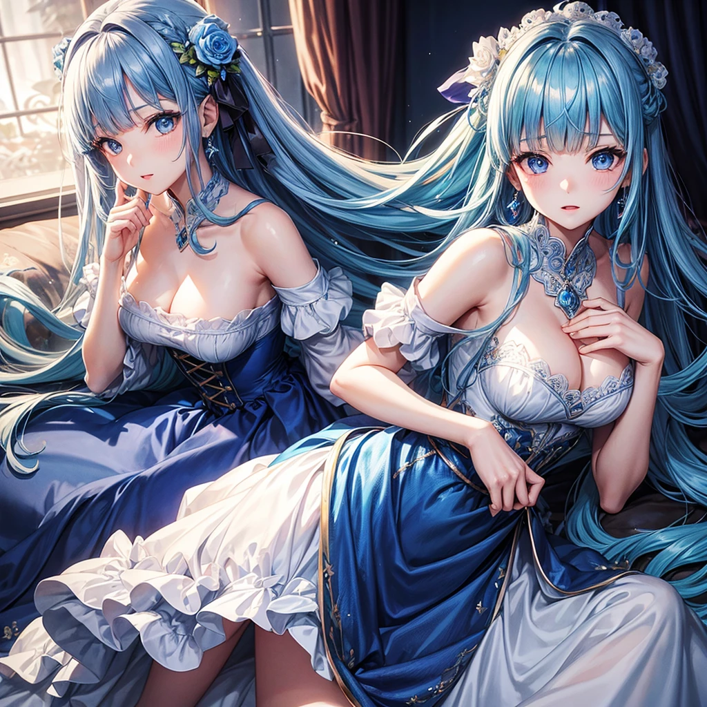 ((Highest quality)),(Ultra-high resolution),Blue dress with flared skirt,dress that does not expose the breasts、The dress is made of blue roses、Highly detailed CG Unity 8k wallpaper, , Earrings, Blue hair, Curly Hair, Blunt bangs, Straight bangs, Blue eyes, White skin, Gal, Improve、Her flat chest is hidden by her dress、Reduce exposure、