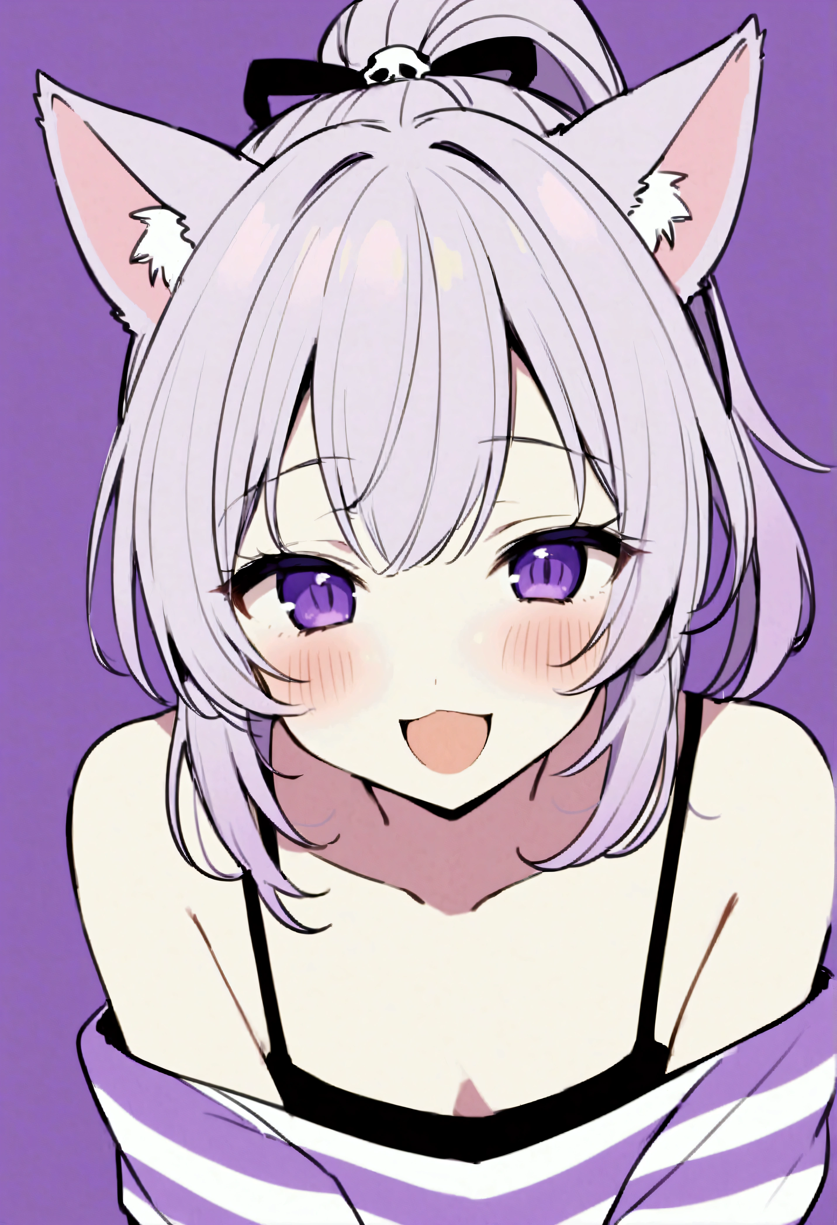 (Score 9:0.9)、Score 8 up、Score 7 up、Rating Safe、Real、(zPDXL3)、、Hair Ribbon、blush、Cat girl、Tail ribbon、clavicle、tooth、Grey shorts、toothを出す、Striped sleeves、ベルColor、Black off-the-shoulder shirt、Spaghetti Straps、Totless、1 person、Color、solo、Close ~ eyes、Open your mouth、smile、Purple Background、:d、blush、Portrait、Cat girl、^ ^、ベルColor、Purple Theme、High Ponytail、Hair Ribbon、Right skull hair accessory