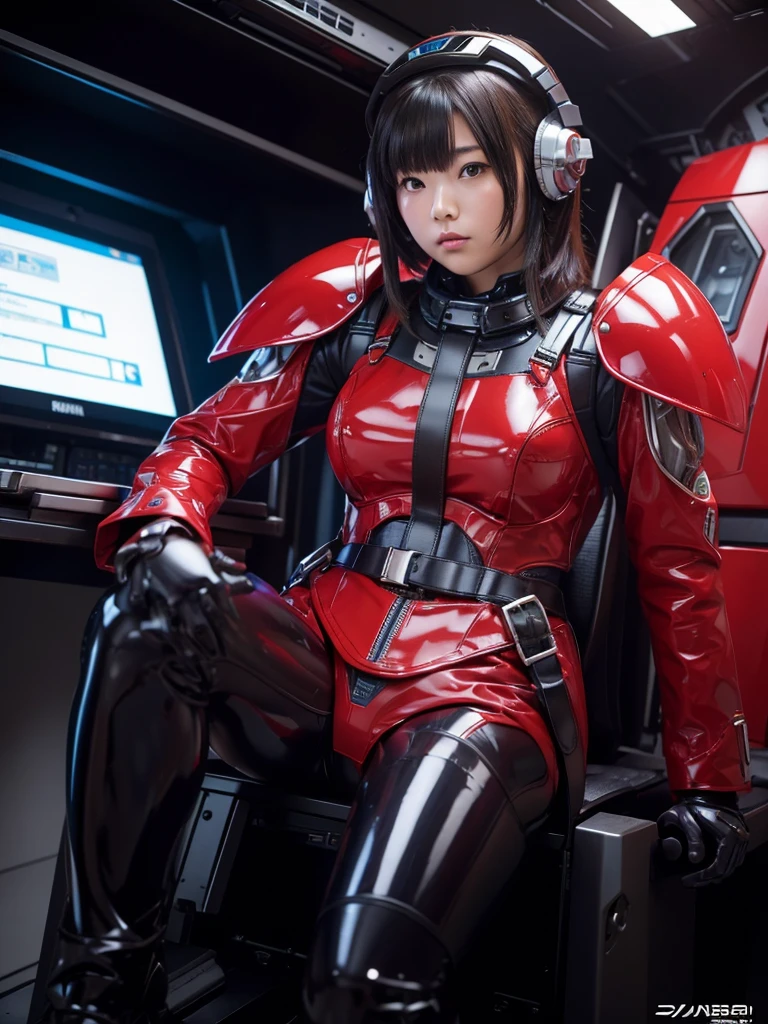 masterpiece, Highest quality, Very detailed, Japanese Android girl, Beautiful 2 Japanese woman, Plump,Slightly thicker,Control panel,Android,cyborg,Blunt bangs,Sitting in the cockpit,Red robot suit,Thick harness belt,Helmet