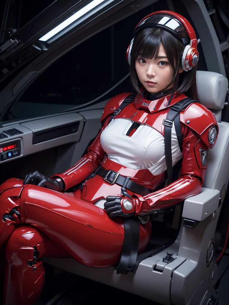 masterpiece, Highest quality, Very detailed, Japanese Android girl, Beautiful 2 Japanese woman, Plump,Slightly thicker,Control panel,Android,cyborg,Blunt bangs,Sitting in the cockpit,Red robot suit,Thick harness belt,Helmet