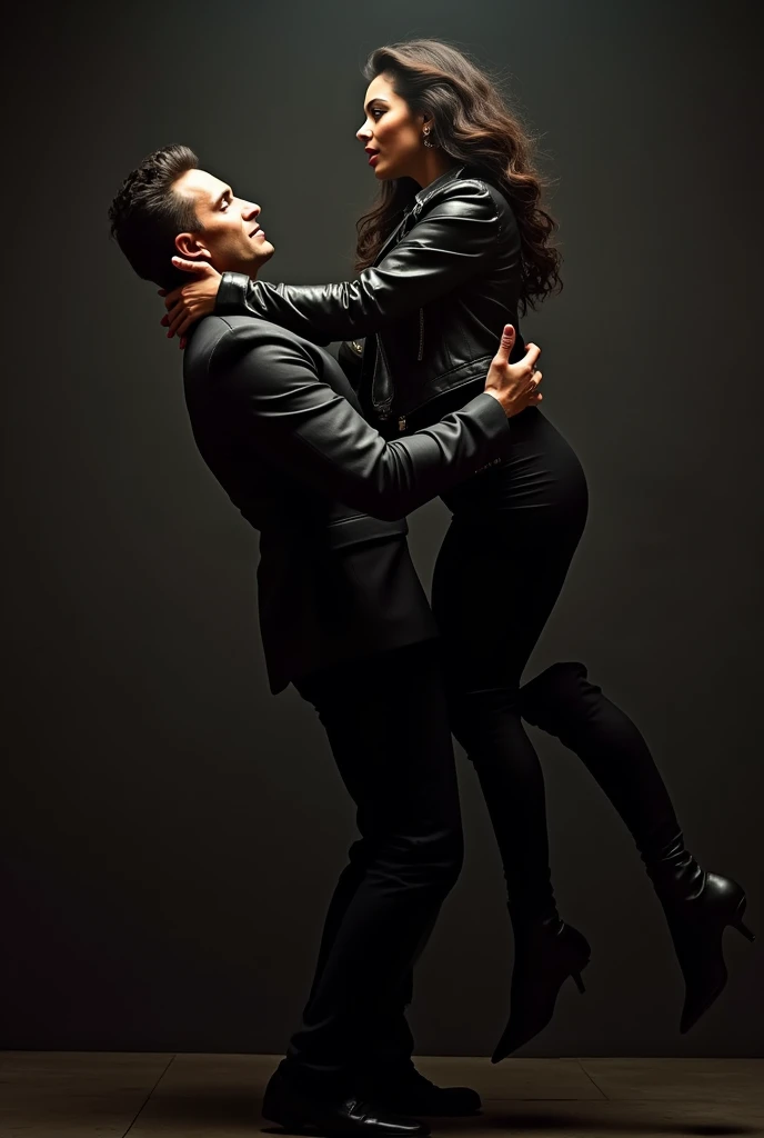 Nora fatehi in black leather jacket lifting a man in her arms