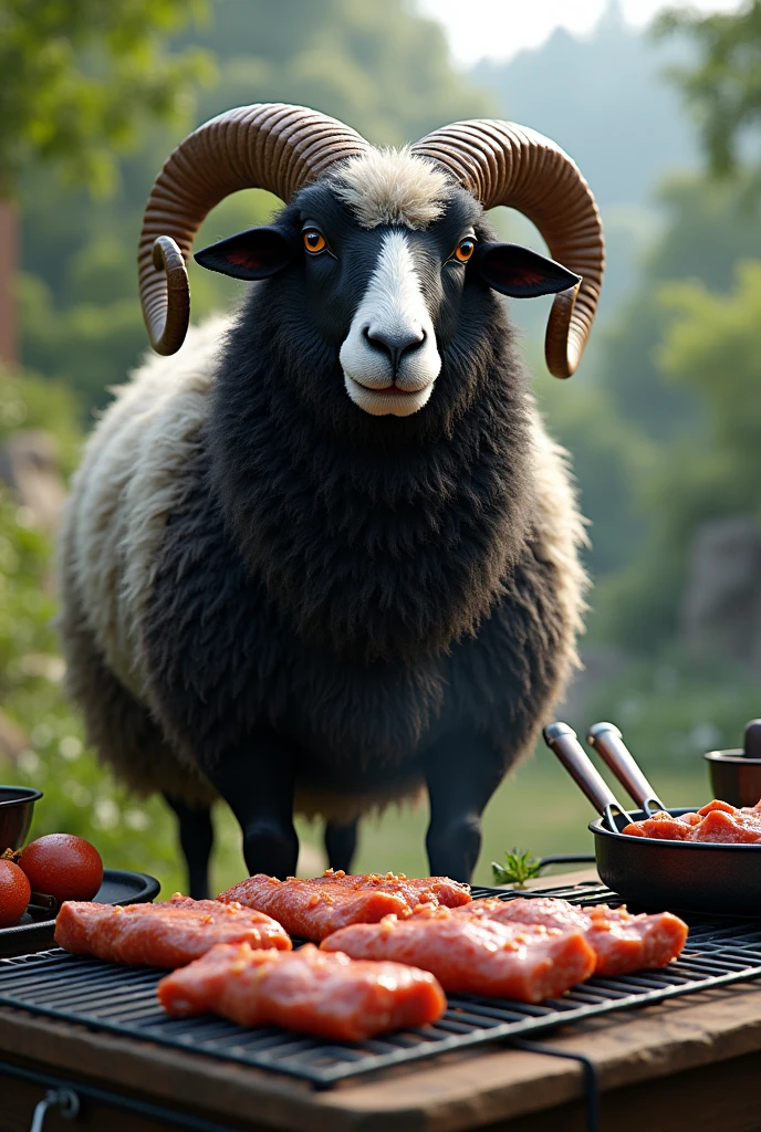 Valais Blacknose
 كبير جدا وصخم يشوي اللحم في الحديقه ‏realistic, real, high resolution detail, full photo like rea