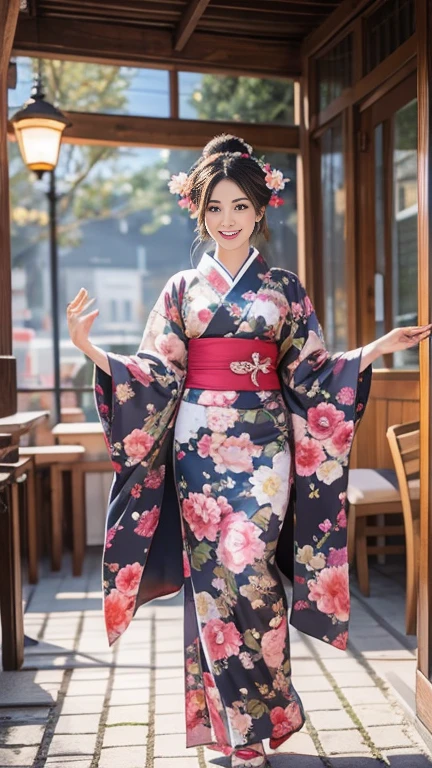 (SeaArt creates stunning illustrations of beautiful women in kimono)、Vividly colored Japanese Ukiyo-e style illustrations、A beautiful woman smiles and shows her upper white teeth、Brown-black long hair、Beautiful full body style、If you want to dance, let&#39;s dance, Tokyo Ondo, Yoi Yoi、Beautiful new digital paintings,、Bright vibrant digital anime art、 Beautiful anime portraits、background,Torii gate front of Japanese shrine、 Detailed digital anime art、