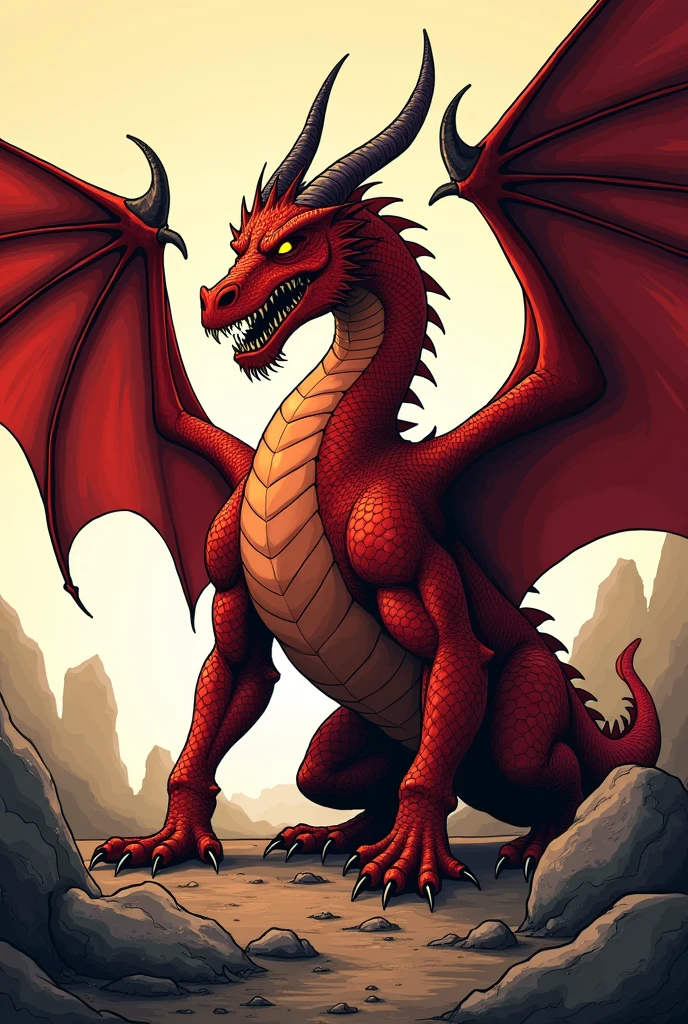 Create a red dragon from D&D 2024 that accurately represents the classic red dragon of the game. The dragon should have the signature deep crimson scales, large membranous wings, a muscular build, and powerful curved horns that sweep back from its head. Its eyes should glow with a fierce intensity, and its mouth should be full of sharp, intimidating teeth. Focus on a stylized comic book look, with bold outlines, flat colors, and minimal shading. Avoid realistic textures or details—emphasize the dragon’s menacing presence and grandeur through dynamic, exaggerated shapes and poses typical of traditional Western comic books. The overall feel should be powerful and heroic, but without leaning into realism