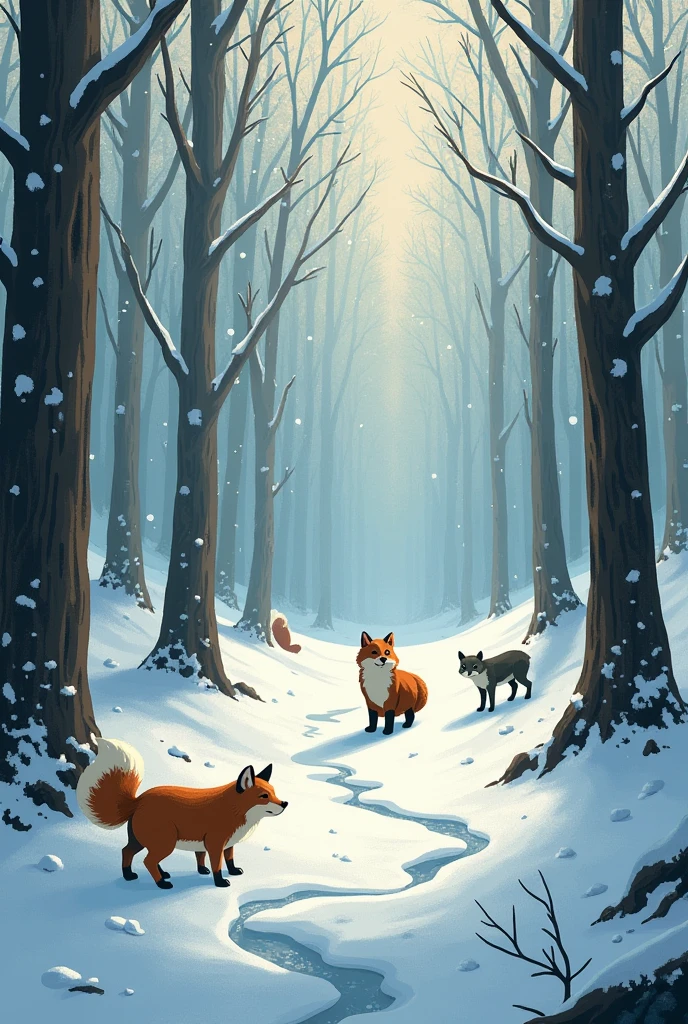 As the days passed, the weather started to change. The warm, sunny days turned into chilly nights, and soon, the first snowflakes began to fall. The once lively forest became quiet and covered in snow. The animals who had spent their days playing were now cold and hungry.