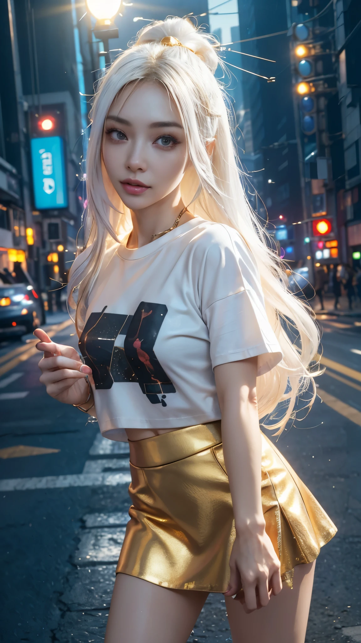 8k, UHD, masterpiece, 1 girl, ((good face)), very long hair, light makeup, (white skin:1.2), detailed eyes, small bust, simple cyberpunk clothing, ((golden t-shirt)), ((mini skirt)), (cyberpunk lighting:1.4), (building roadside), light effect, light reflection, ((spreading lights)), cyberpunk, cybercity, futuristic, (night), ray tracing, bloom, perfect pose,