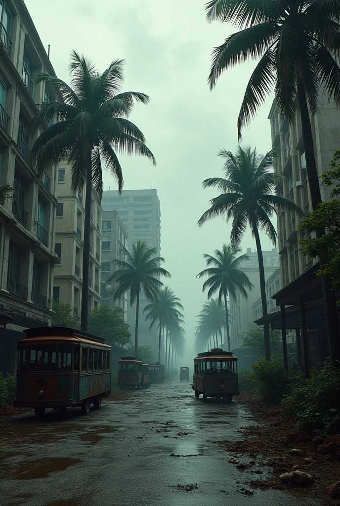 Make a Miami landscape image in black colors, rot , with buildings, palmtrees, carriages
