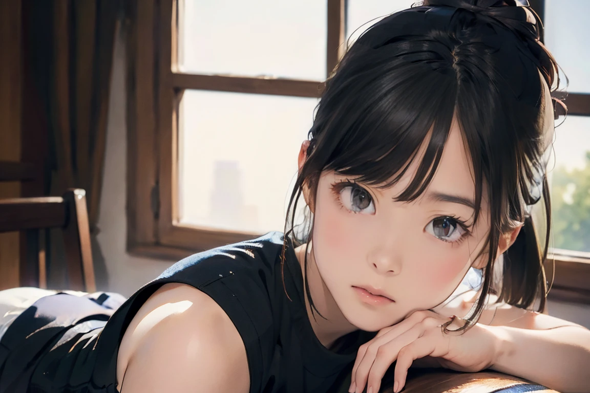 masterpiece, best quality, extremely detailed, (realistic, photo realistic:1.2), high resolution, RAW photo, 8k, Asian girl, 18yo, side bun,slender、Mid-chest、