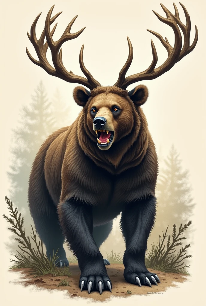 Make the art for a tattoo: a natural bear with deer antlers, standing showing teeth and claws. Leaving it as natural as possible