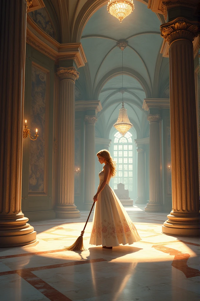 Cinderella sweeping the floor at the castle