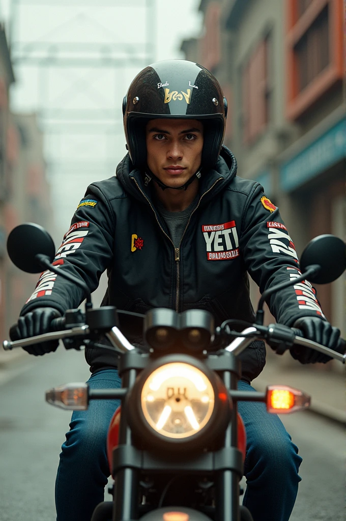 Young man on a motorcycle with a helmet that says bey and las bales chepe and with a jacket that has a yeti logo