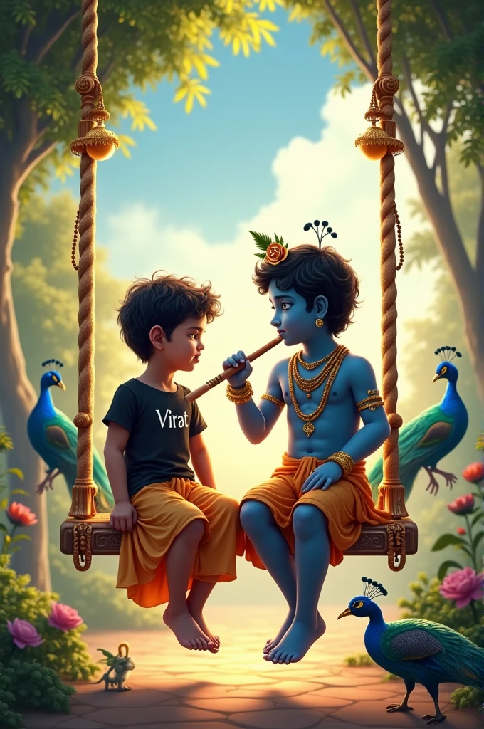 A Real 1 Indian boy sitting next to Krishna ji and Krishna ji is playing flute, they both are on swing and swing is nicely decorated and sitting together, boy is wearing black color T-shirt with name “VIRAT” written on it, heaven like beautiful scene background, peacock dance, realistic image and boy is bare feet.