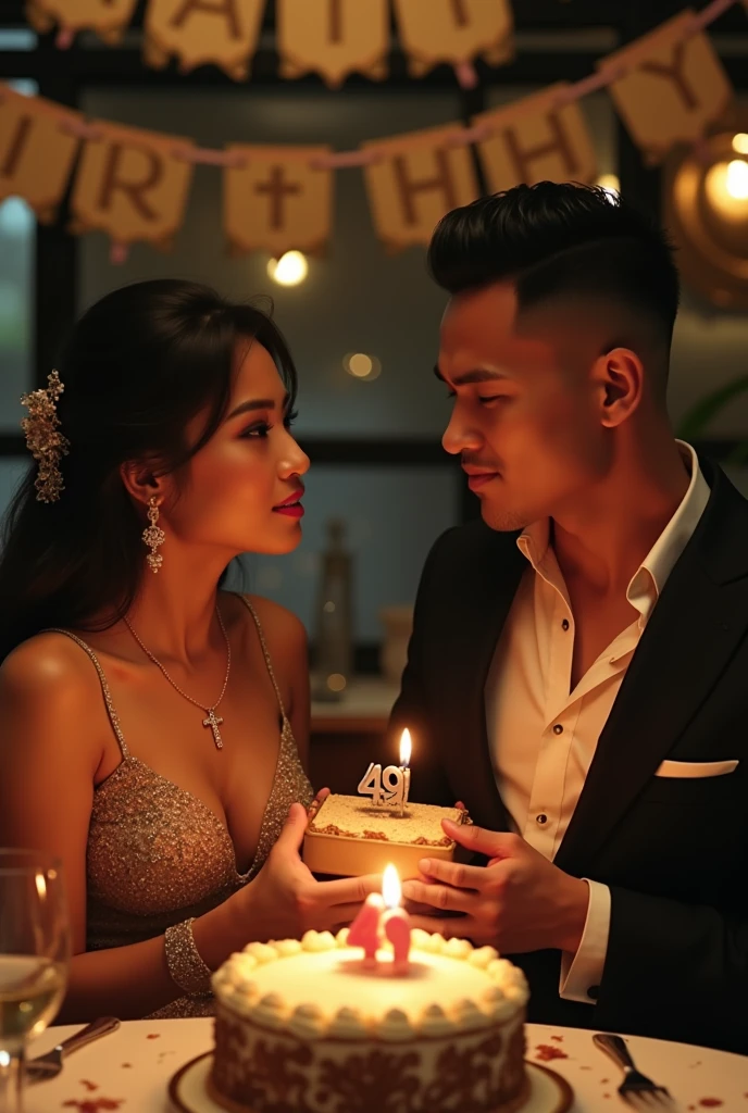 49th birthday celebration dinner of an Indonesian woman showing 1 lady and 1 gentleman wearing upscale attires, the lady is wearing a necklace with a cross at the end, hyper realistic, the gentleman's hair style is Buzz Cut, UHD image, romantic vibe. Both people are facing camera. The gentleman is giving a birthday give to the lady. There is a cake with candle number 49. A banner behind with a caption "Happy Birth Day, Diah"